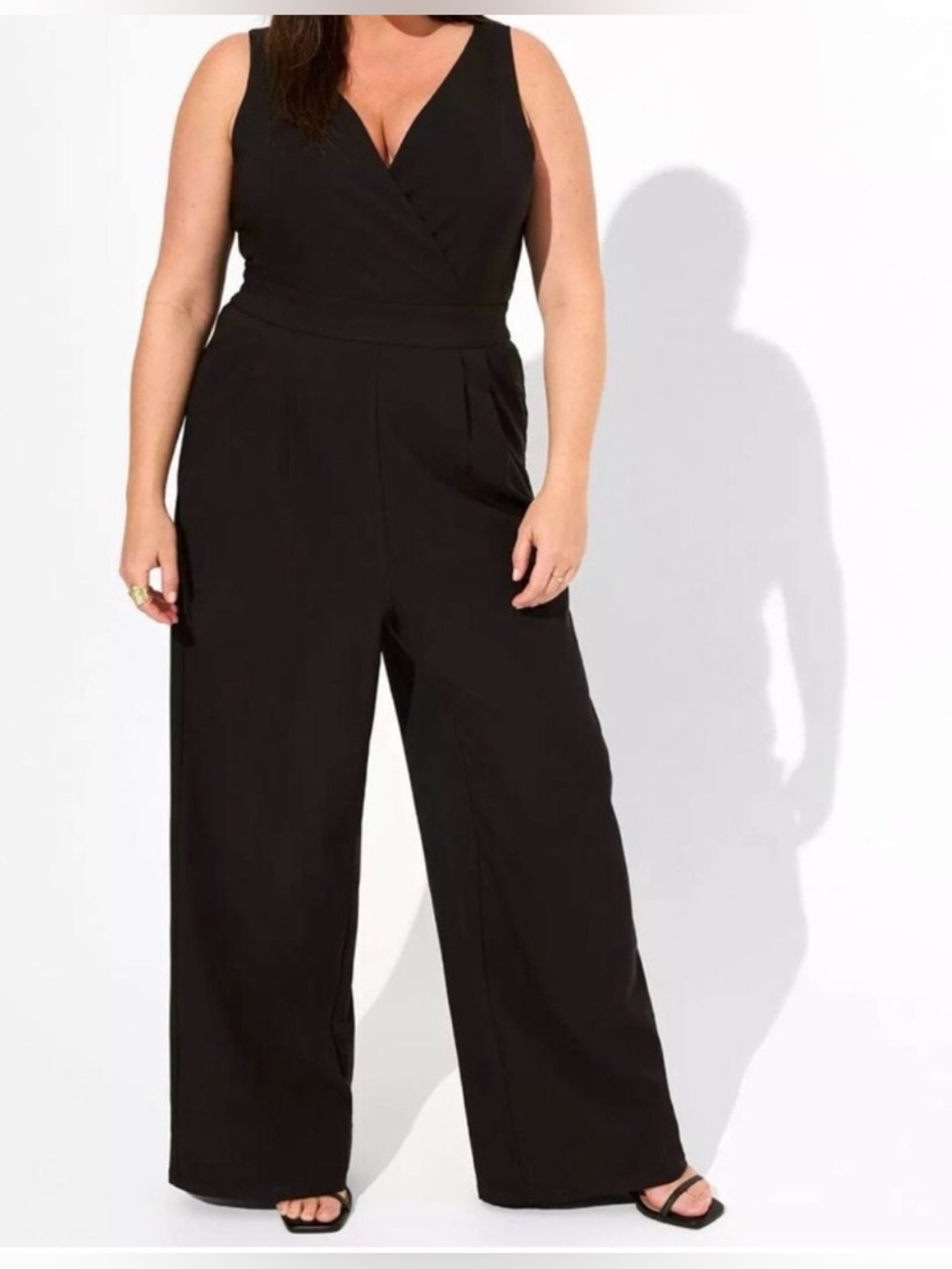 Torrid 24 Crepe Surplice Wide Leg Black Jumpsuit, Zipper Closure Back